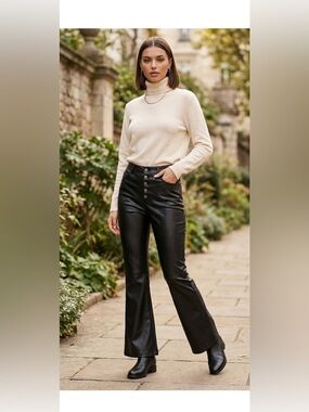 Er clet Black Faux Leather High Waisted Flare Pants - Button Fly - Size M
